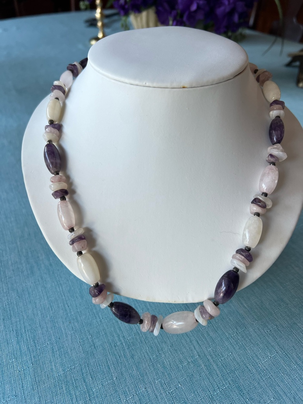 Semi precious gemstone 24” necklace amethyst, rose and white quartz